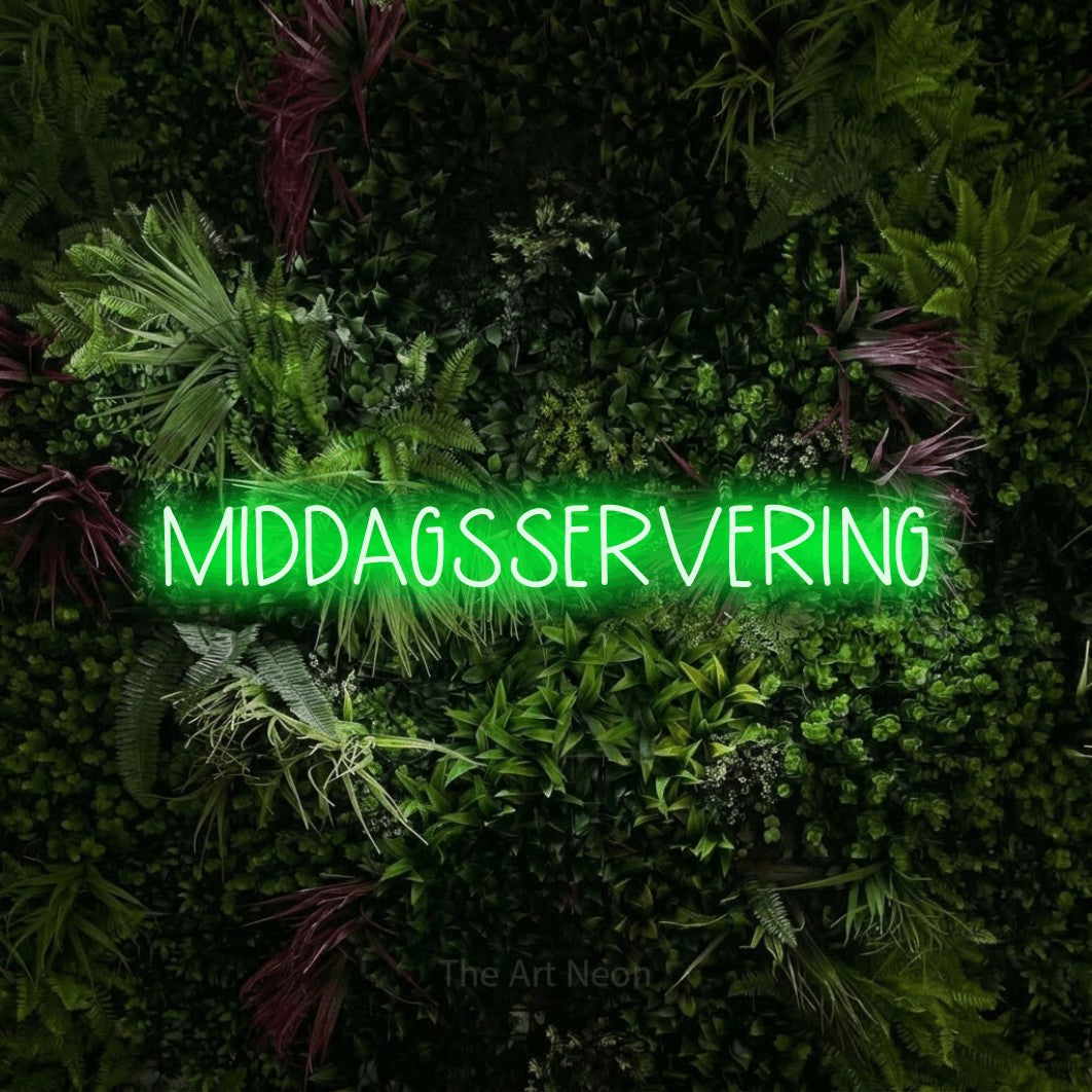 LED neon sign reading “MIDDAGSSERVERING”, arranged in a single line.