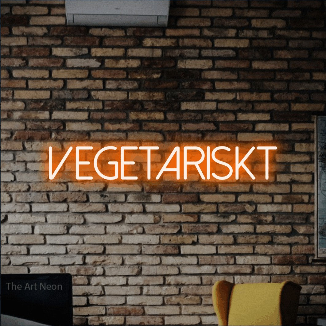 LED neon sign reading “vegetariskt”, arranged in a single line.