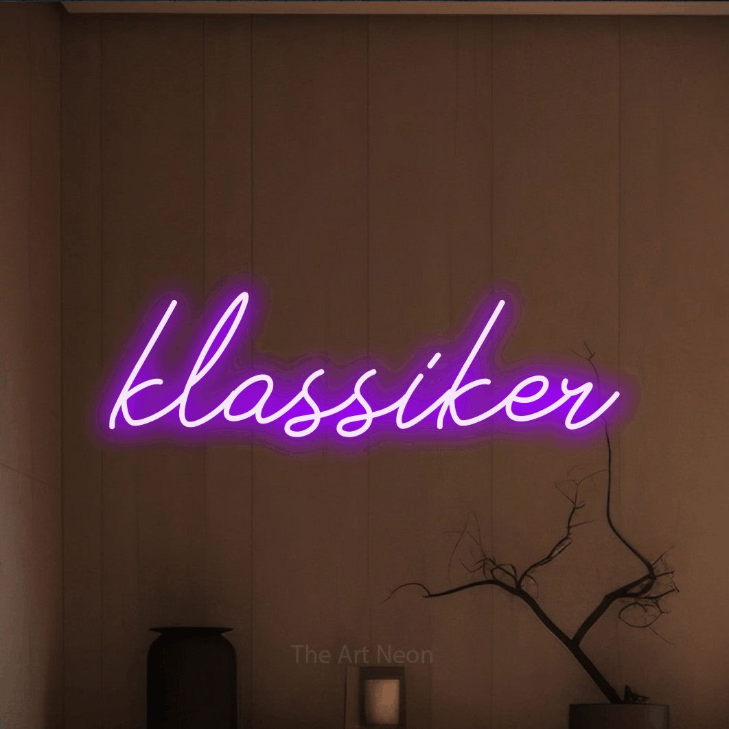 LED neon sign reading “klassiker”, arranged in a single line.