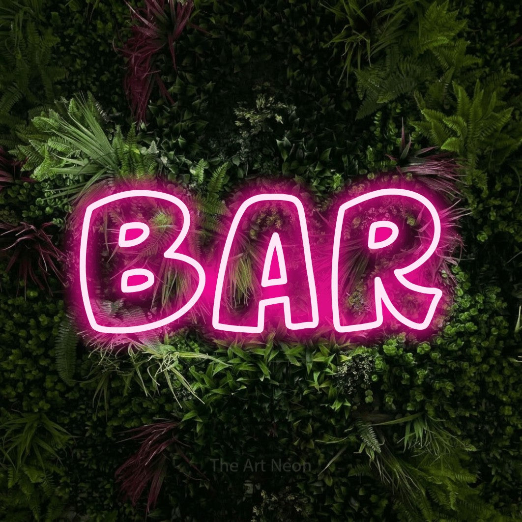 LED neon sign reading “Bar”, arranged in a single line.