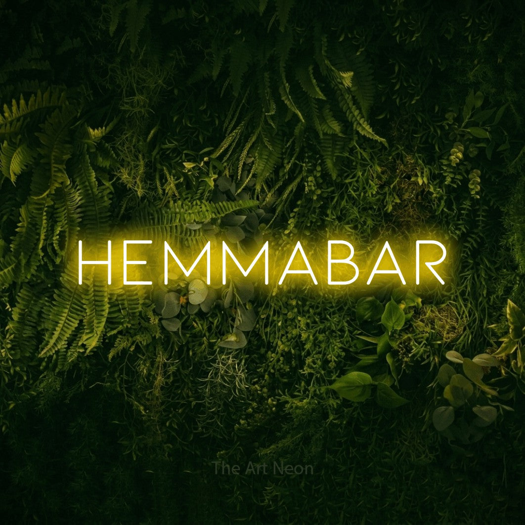 LED neon sign reading “hemmabar”, arranged in a single line.