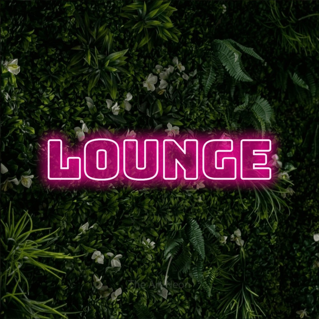 LED neon sign reading “lounge”, arranged in a single line.