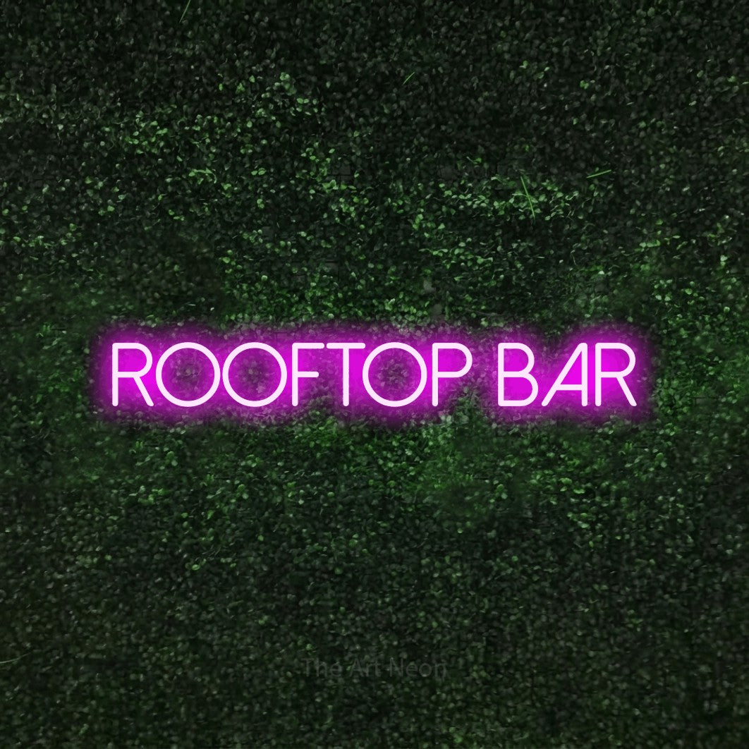 LED neon sign reading “Rooftop Bar”, arranged in a single line.