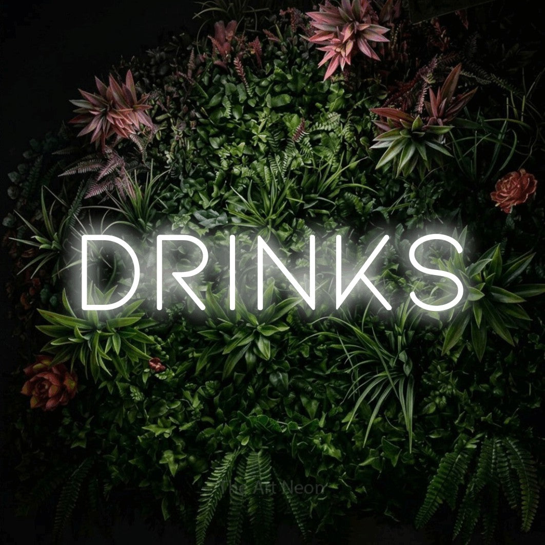 LED neon sign reading “Drinks”, arranged in a single line.
