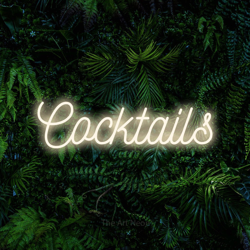 LED neon sign reading “Cocktails”, arranged in a single line.