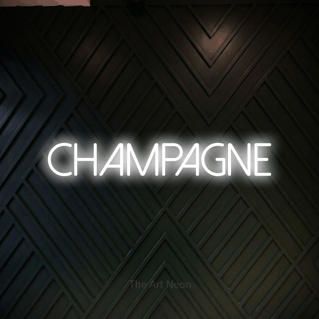 LED neon sign reading “CHAMPAGNE”, arranged in a single line.