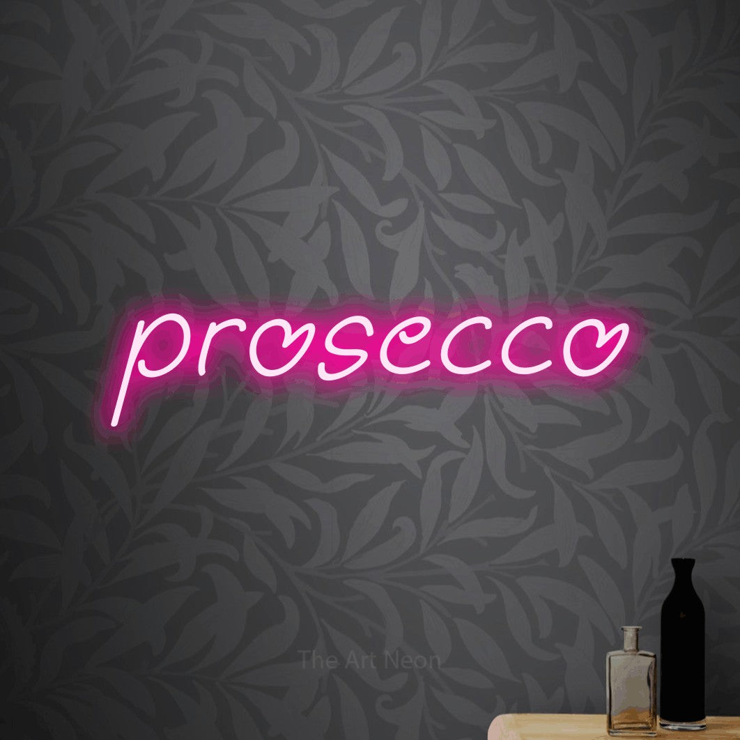 LED neon sign reading “prosecco”, arranged in a single line.