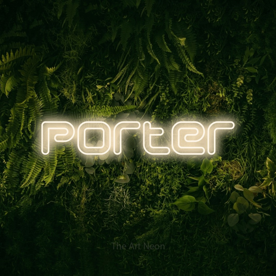 LED neon sign reading “porter”, arranged in a single line.