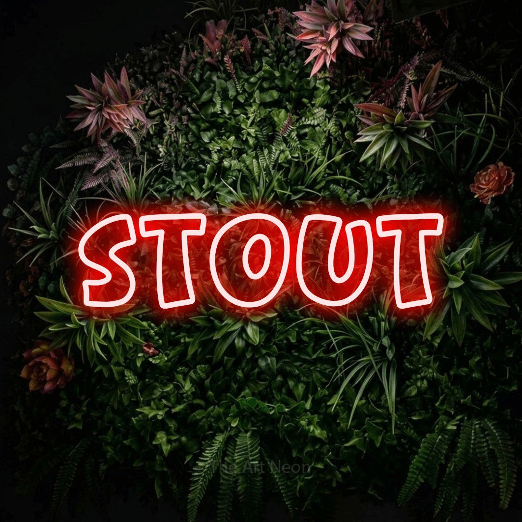 LED neon sign reading “stout”, arranged in a single line.