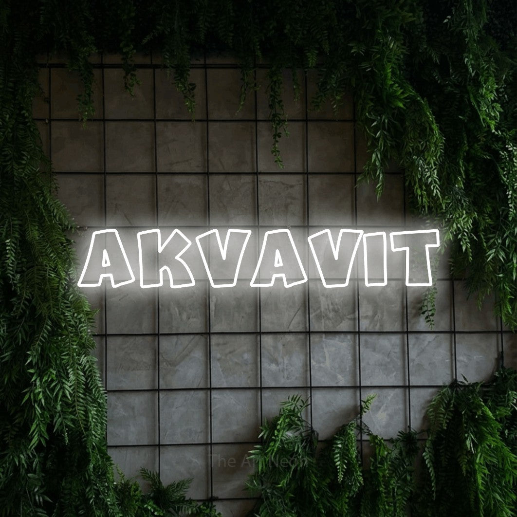 LED neon sign reading “AKVAVIT”, arranged in a single line.