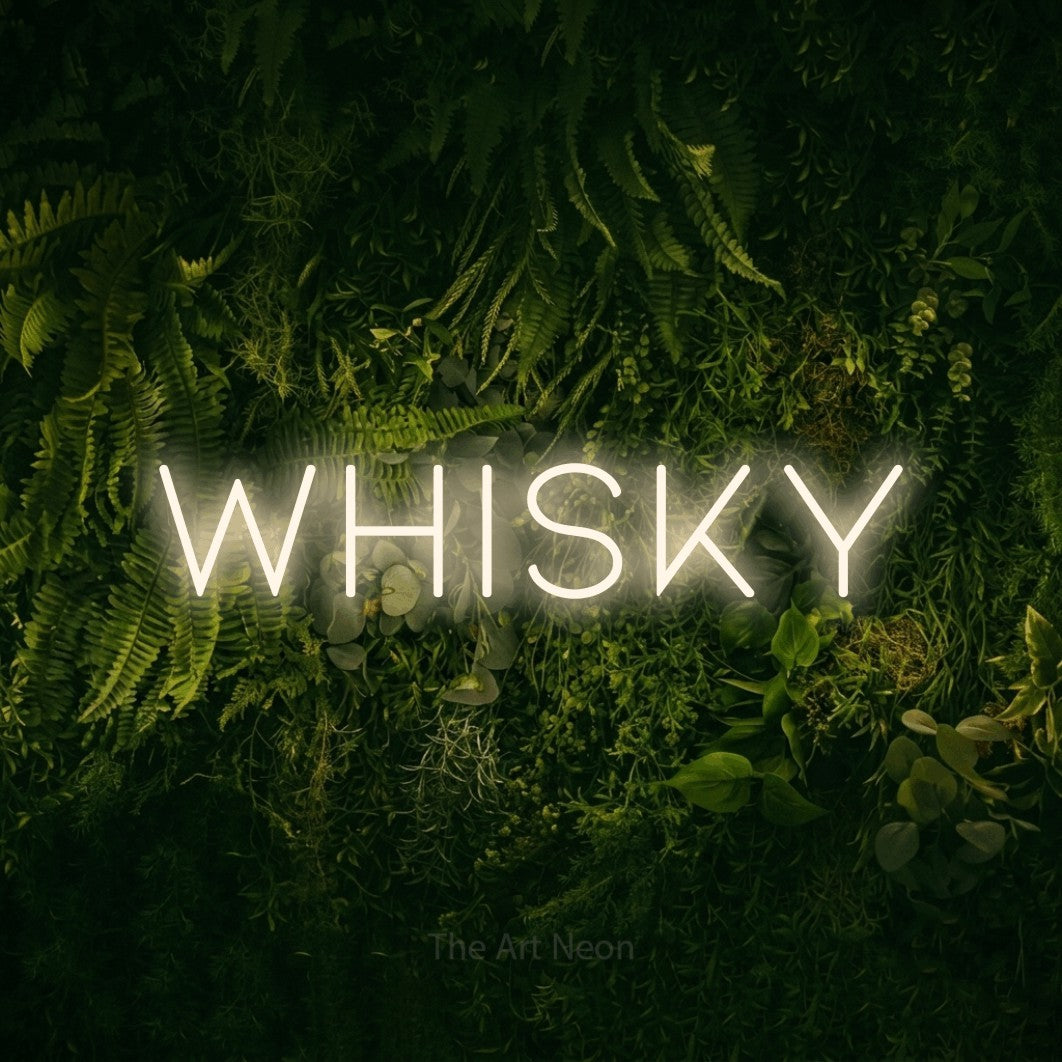 LED neon sign reading “WHISKY”, arranged in a single line.