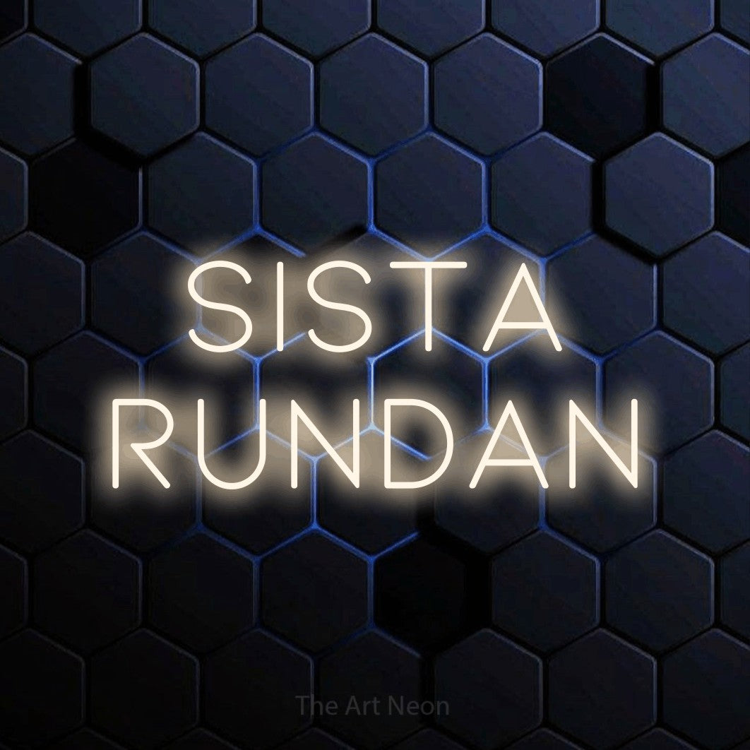 LED neon sign reading “sista rundan”, arranged in 2 lines.