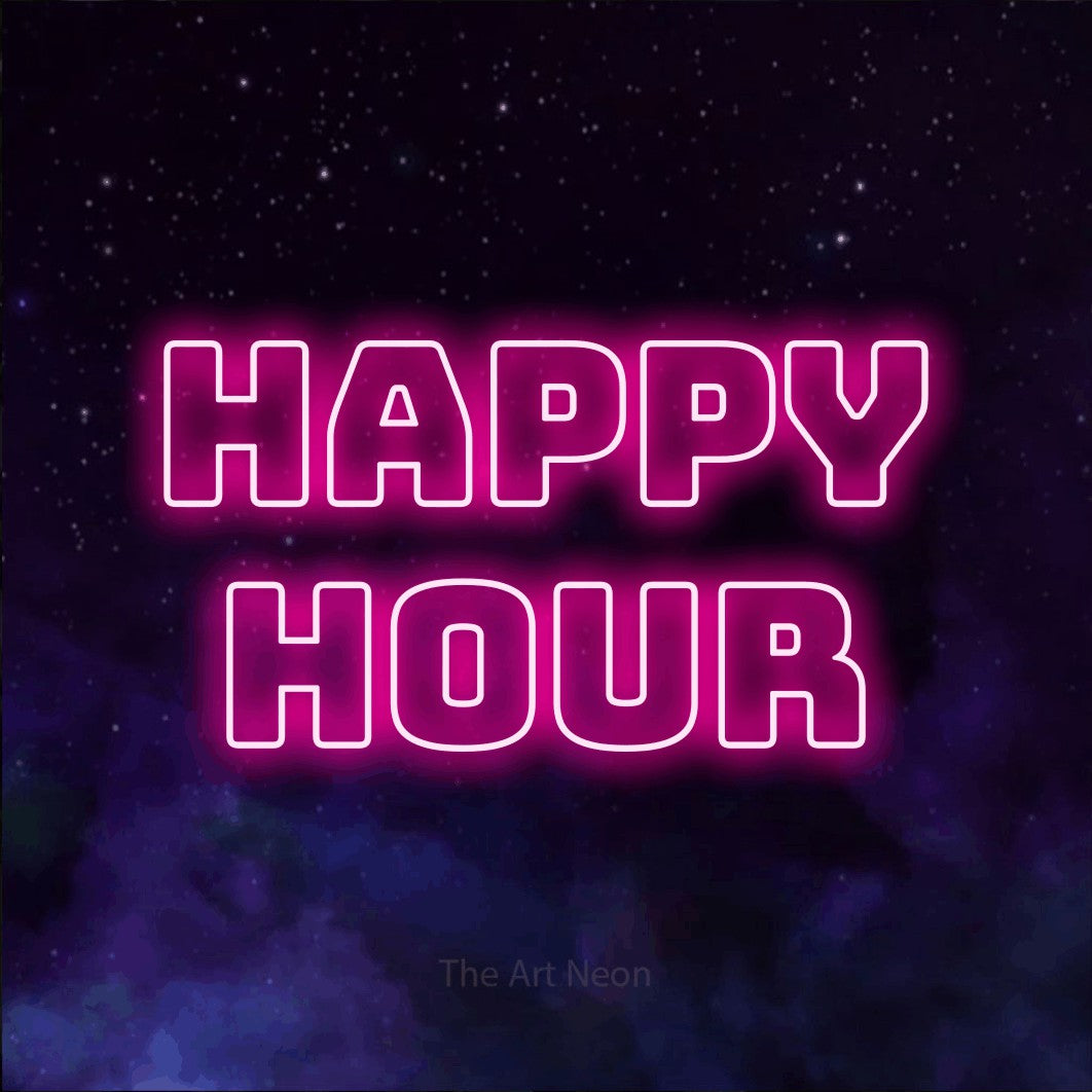 LED neon sign reading “HAPPY hour”, arranged in 2 lines.