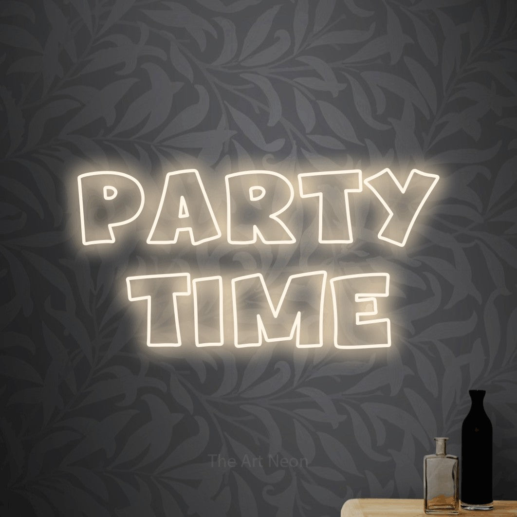 LED neon sign reading “party time”, arranged in 2 lines.