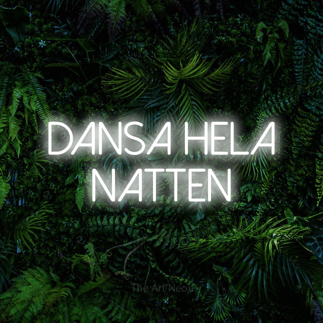 LED neon sign reading “DANSA HELA NATTEN”, arranged in 2 lines.