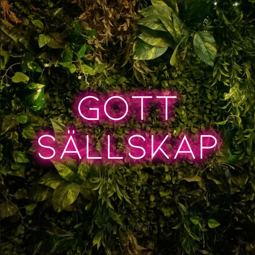 LED neon sign reading “Gott Sällskap”, arranged in 2 lines.