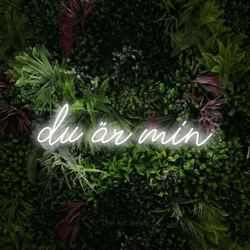 LED neon sign reading “du är min”, arranged in a single line.