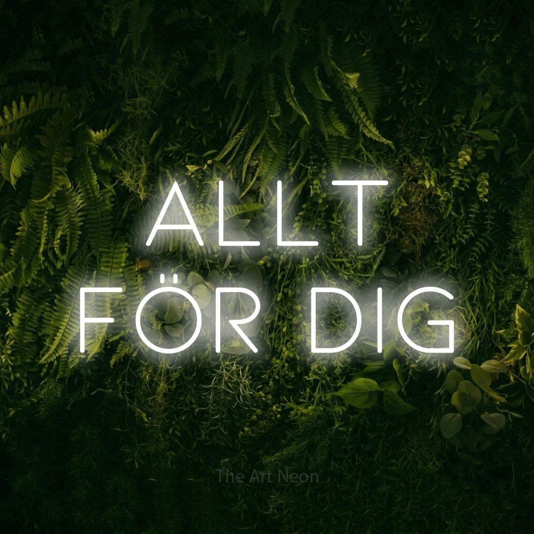 LED neon sign reading “allt för dig”, arranged in 2 lines.