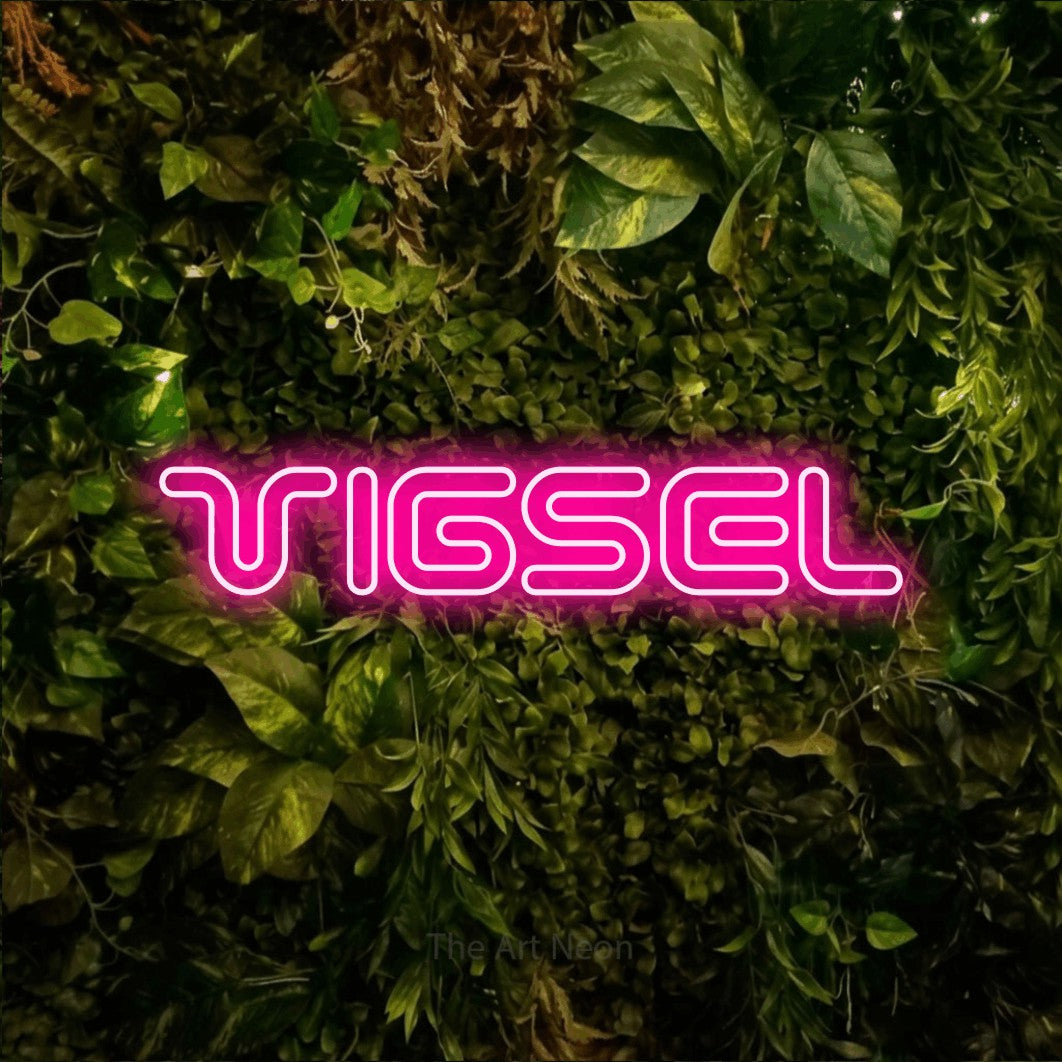 LED neon sign reading “VIGSEL”, arranged in a single line.