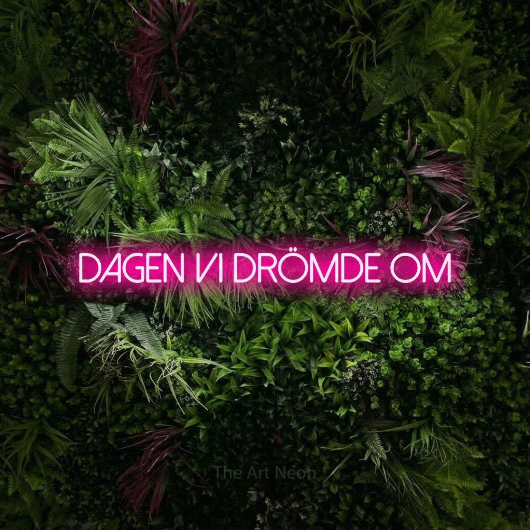 LED neon sign reading “DAGEN VI DRÖMDE OM”, arranged in a single line.