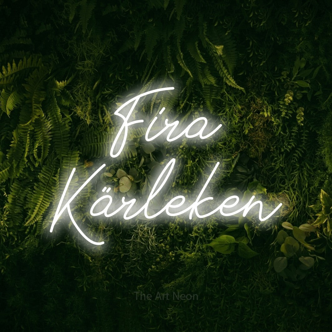 LED neon sign reading “Fira Kärleken”, arranged in 2 lines.