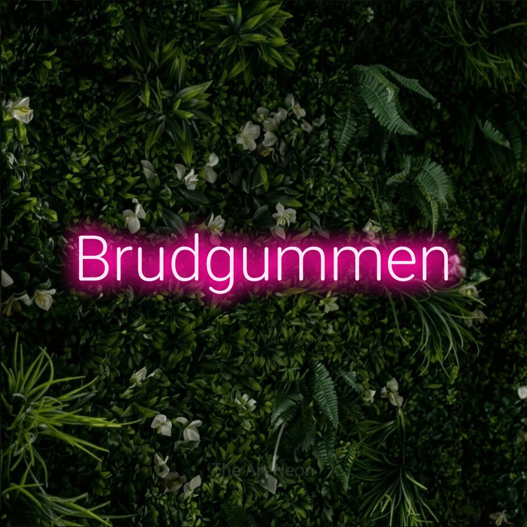 LED neon sign reading “Brudgummen”, arranged in a single line.