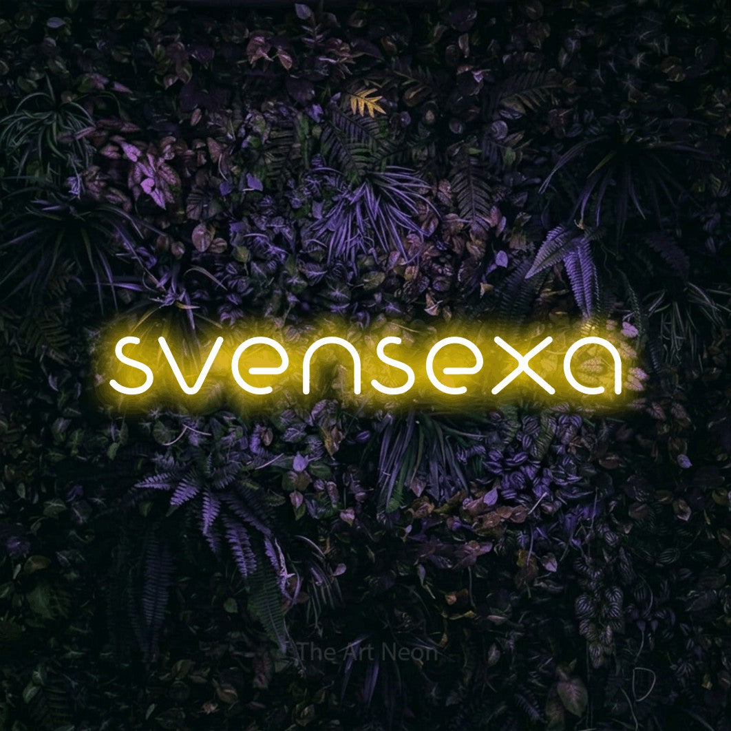 LED neon sign reading “svensexa”, arranged in a single line.
