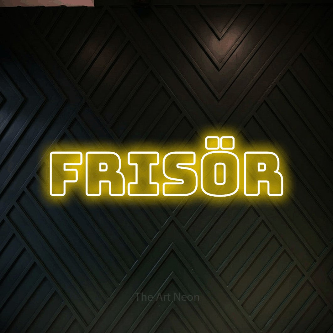 LED neon sign reading “Frisör”, arranged in a single line.