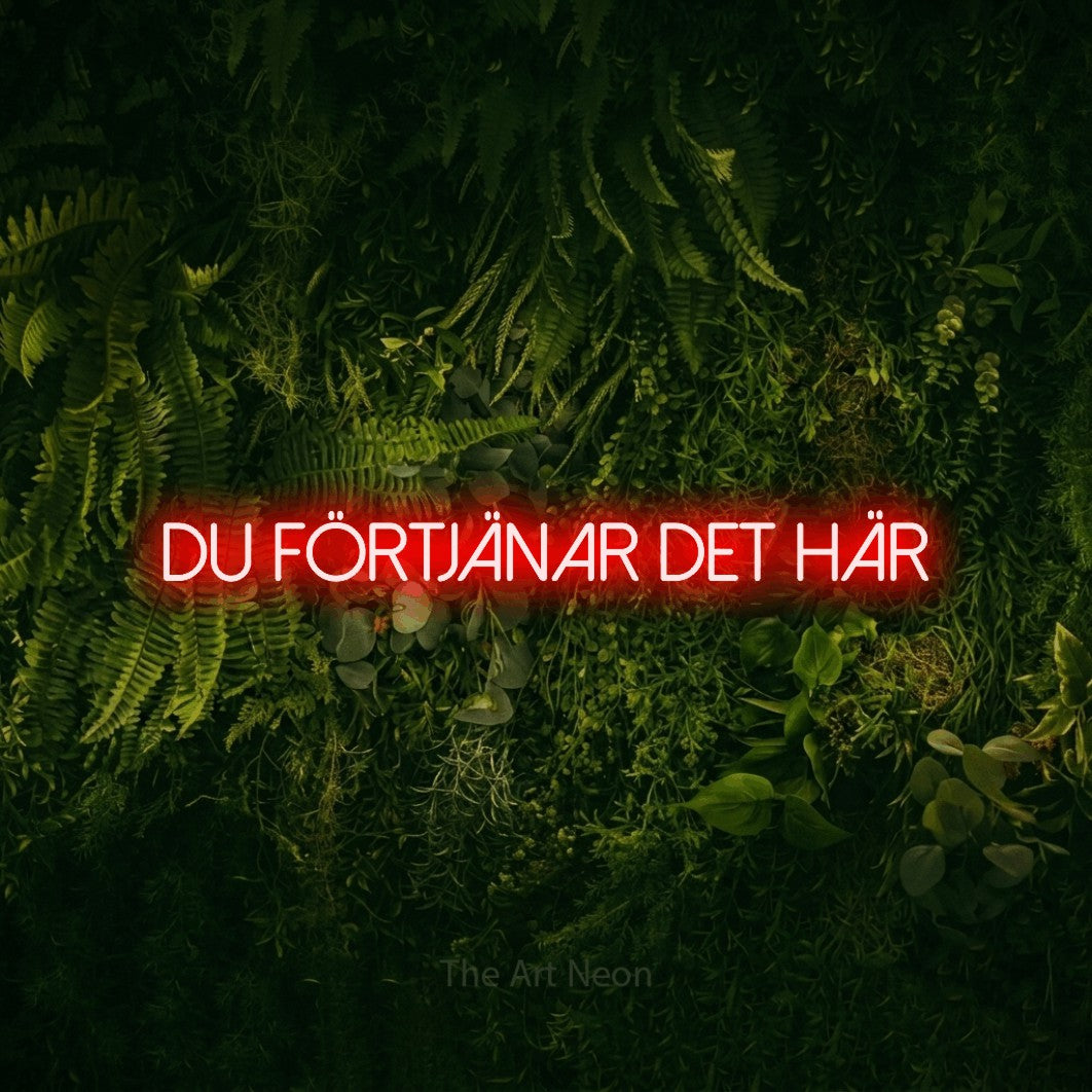LED neon sign reading “du FÖRTJÄNAR det här”, arranged in a single line.