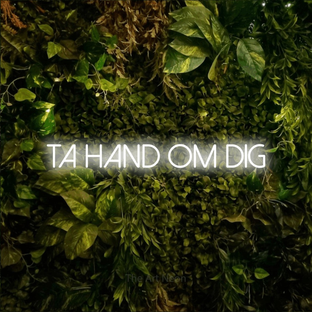 LED neon sign reading “ta HAND om dig”, arranged in a single line.
