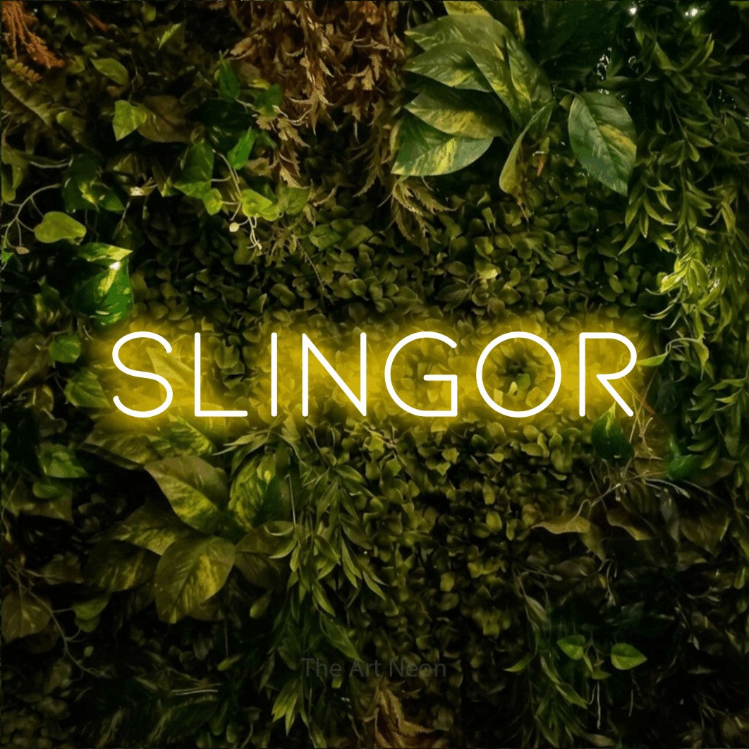 LED neon sign reading “Slingor”, arranged in a single line.