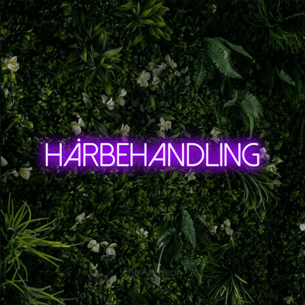 LED neon sign reading “HÅRBEHANDLING”, arranged in a single line.