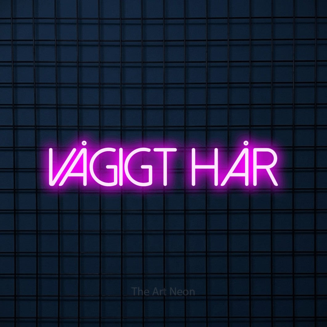 LED neon sign reading “vågigt hår”, arranged in a single line.