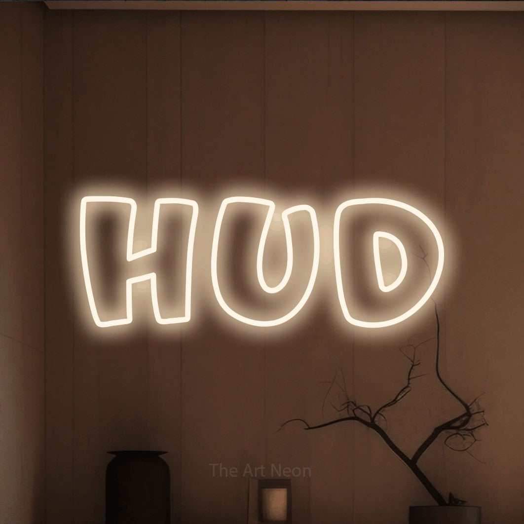 LED neon sign reading “HUD”, arranged in a single line.