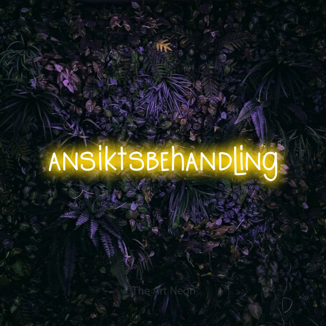 LED neon sign reading “ansiktsbehandling”, arranged in a single line.