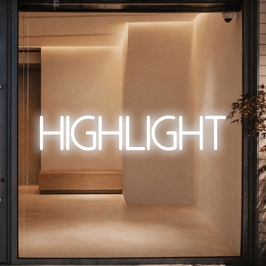LED neon sign reading “HIGHLIGHT”, arranged in a single line.