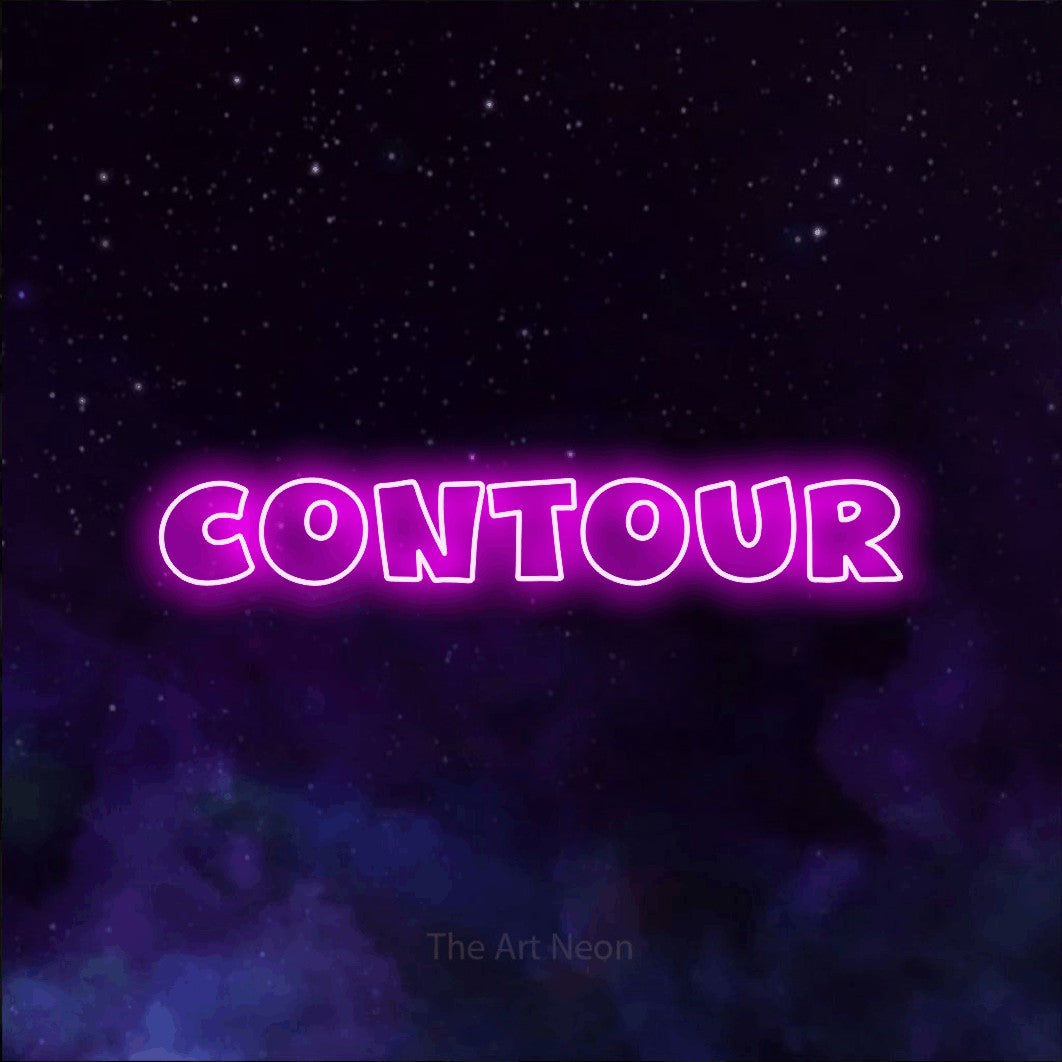 LED neon sign reading “CONTOUR”, arranged in a single line.