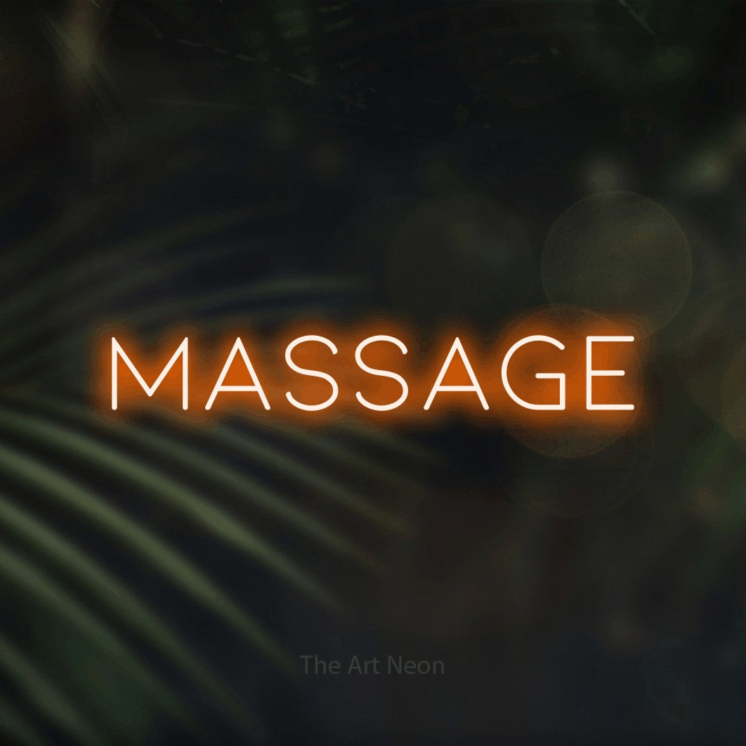 LED neon sign reading “Massage”, arranged in a single line.