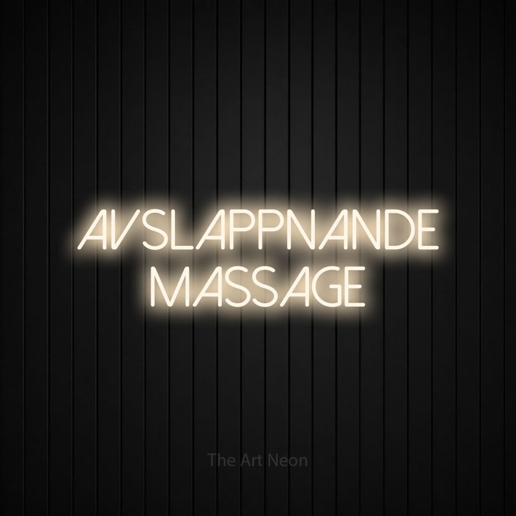 LED neon sign reading “avslappnande massage”, arranged in 2 lines.