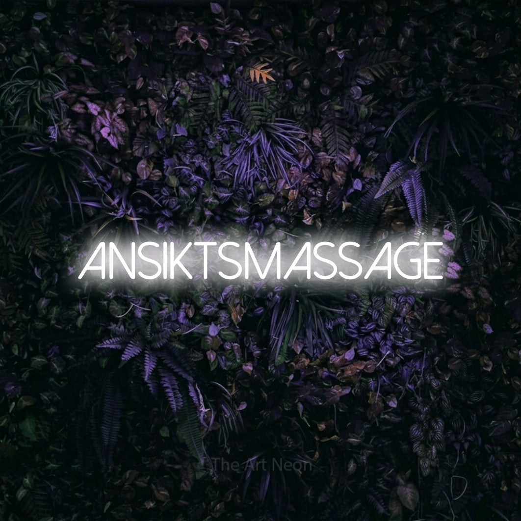 LED neon sign reading “Ansiktsmassage”, arranged in a single line.