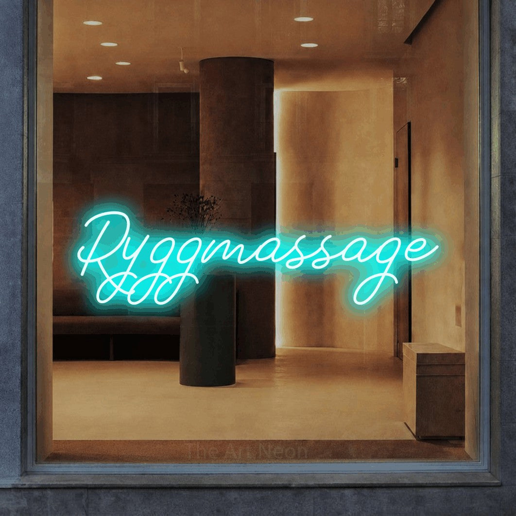 LED neon sign reading “Ryggmassage”, arranged in a single line.