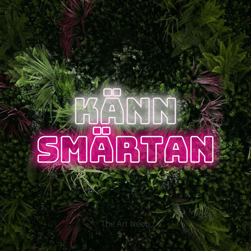 LED neon sign reading “känn SMÄRTAN”, arranged in 2 lines.