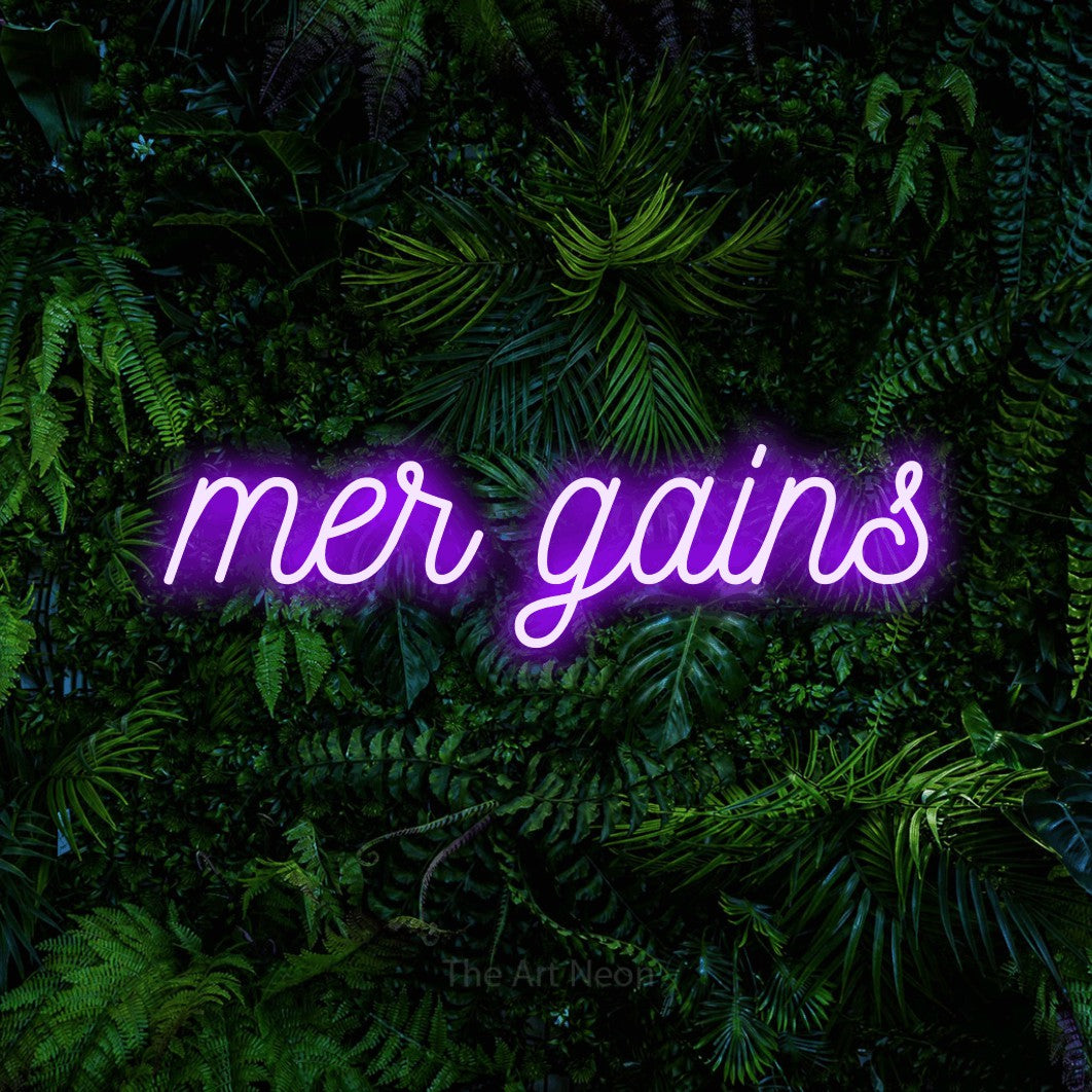 LED neon sign reading “mer gains”, arranged in a single line.