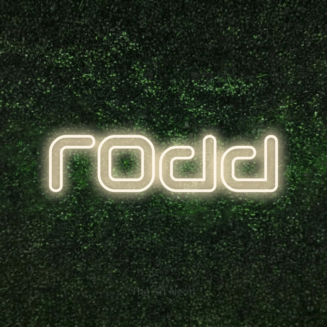 LED neon sign reading “rodd”, arranged in a single line.