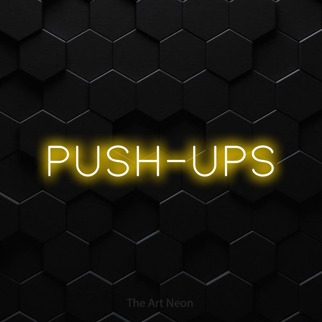 LED neon sign reading “push-ups”, arranged in a single line.
