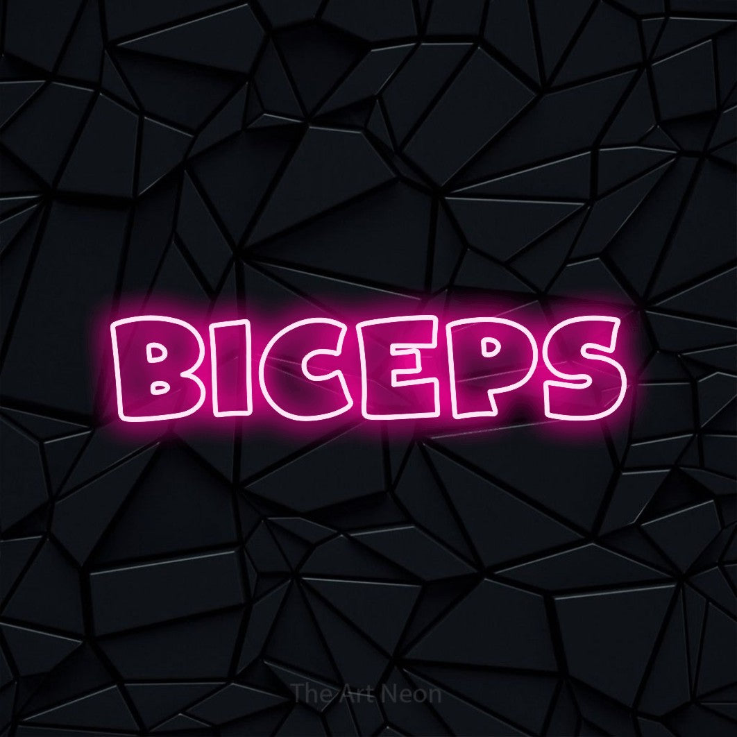 LED neon sign reading “biceps”, arranged in a single line.