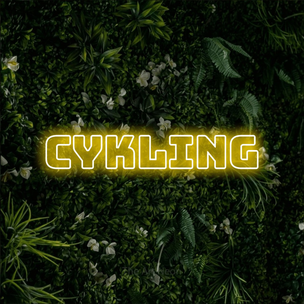 LED neon sign reading “Cykling”, arranged in a single line.