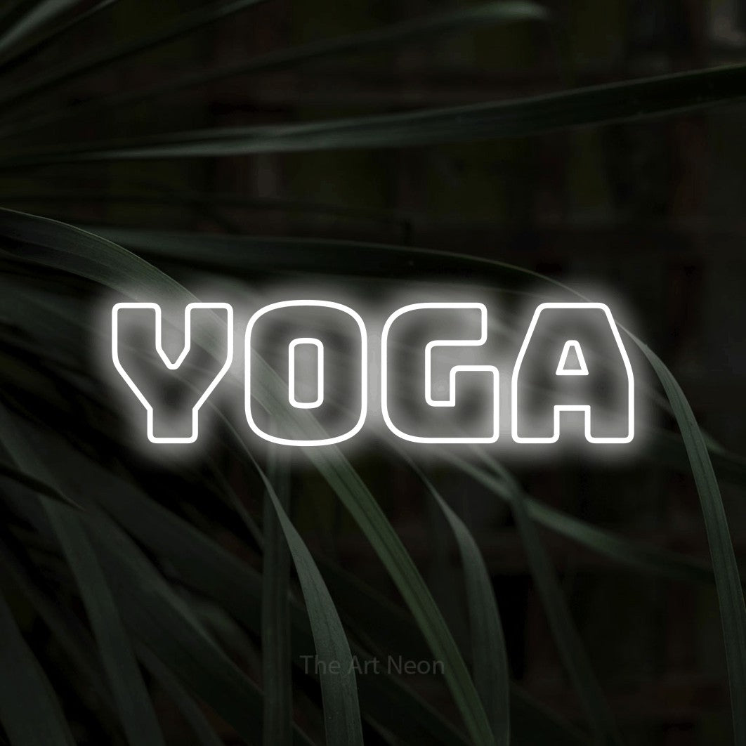 LED neon sign reading “yoga”, arranged in a single line.