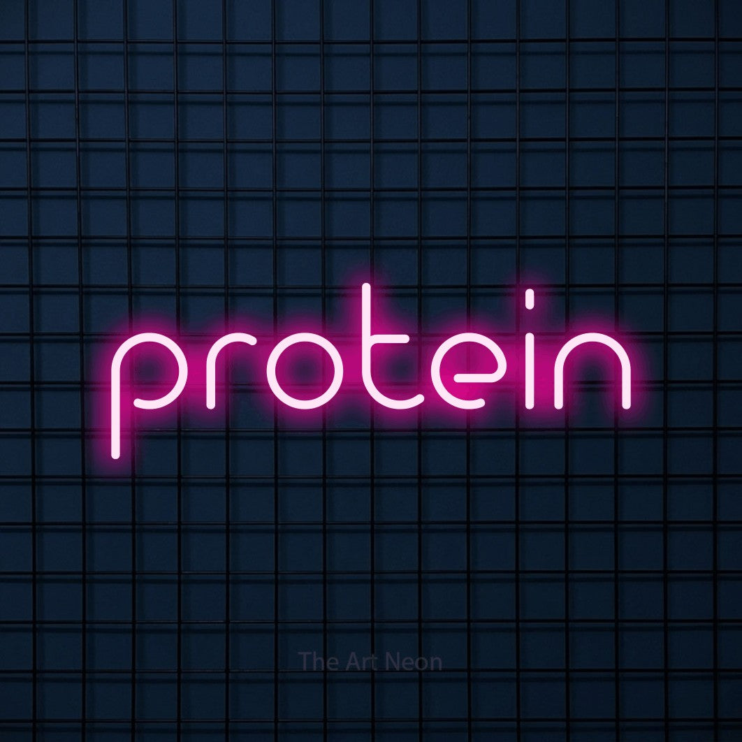 LED neon sign reading “protein”, arranged in a single line.
