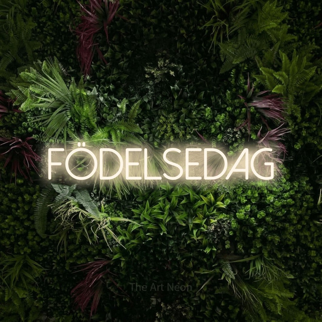 LED neon sign reading “födelsedag”, arranged in a single line.